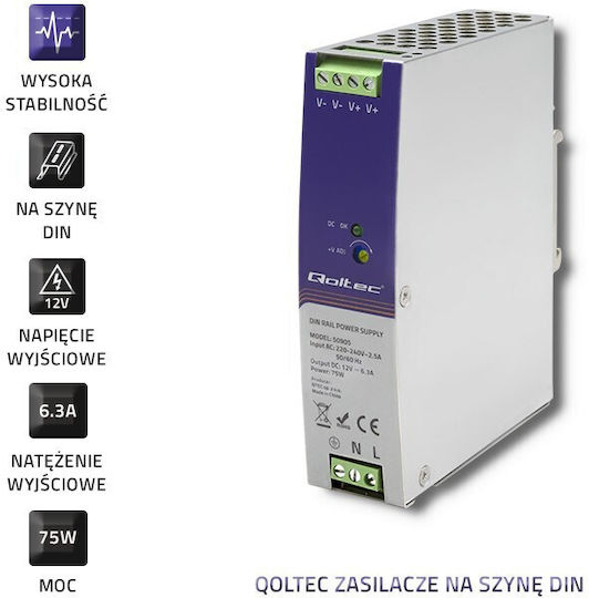 Qoltec Τροφοδοτικό LED Ισχύος 75W με Τάση Εξόδου 12V