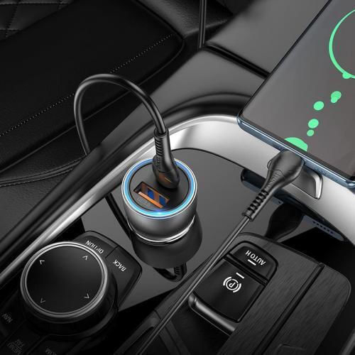Hoco NZ8 Автомобилен Зарядно Устройство 25W Бързо Зареждане с Портове 1xUSB-A 1xType-C с Lightning Кабел Кафяв Цвят