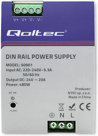 Qoltec Sursă de Alimentare pe Șină DIN cu Ieșire 24V și Putere 480W 20A