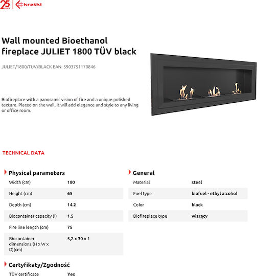 Kratki Internal / Outdoor Wall Mounted Bioethanol Fireplace Black