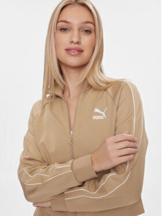 T7 Cropped Γυναικεία Ζακέτα Φούτερ με Κουκούλα Μπεζ (Beige)