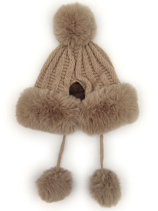 Pom Pom Beanie Γυναικείος Fleece Σκούφος Πλεκτός σε Καφέ χρώμα