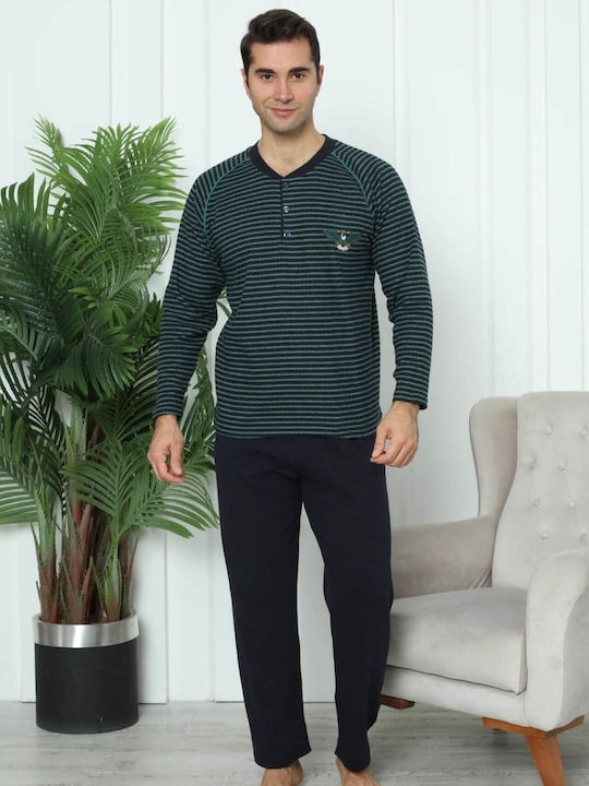 Lindros Men's Winter Cotton Pajamas Set Black and green