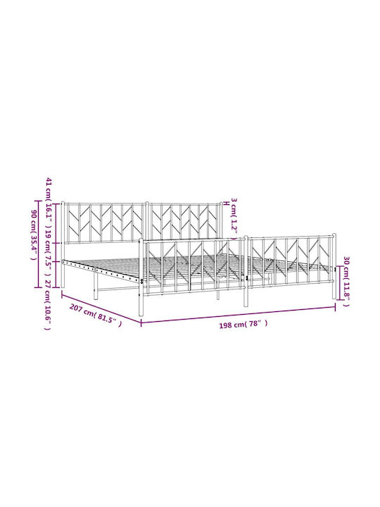 Bed King Size Metal Black with Slats for Mattress 193x203cm