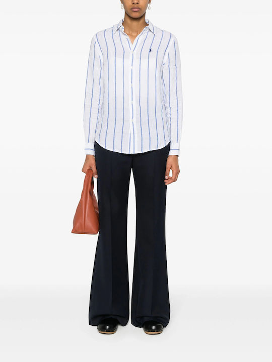 Ralph Lauren Women's Linen Long Sleeve Shirt White/Blue