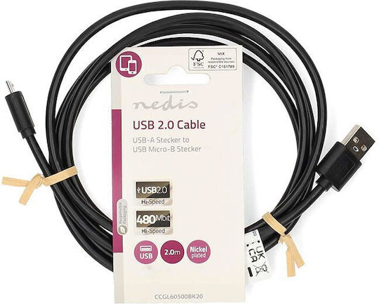 Nedis USB 2.0 Cable USB-A male - micro USB-B male Μαύρο 2m CCGL60500BK20