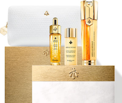 Guerlain Abeille Royale Double R Skin Care Set for Moisturizing with Serum , Face Oil , Facial Lotion & Toiletry Bag