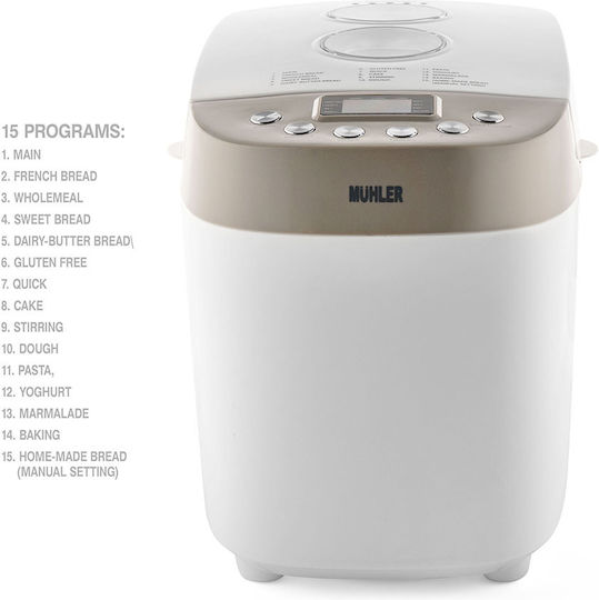 Muhler Bread Maker 850W with Container Capacity 1500gr and 15 Baking Programs