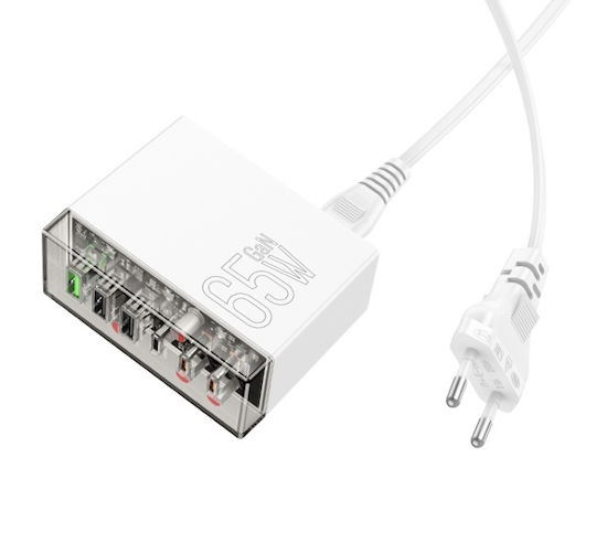 Hoco Charging Stand with 3 USB-A Ports and 3 USB-C Ports 65W Power Delivery / Quick Charge 3.0 in White color (N36)