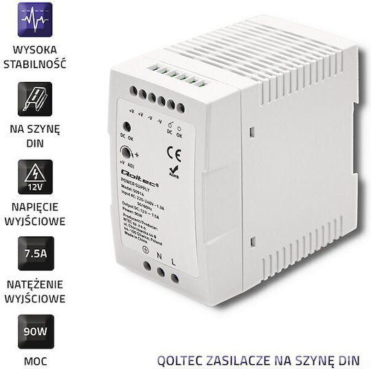 Qoltec Τροφοδοτικό Ράγας με Έξοδο 12V και Ισχύ 90W 7.5A