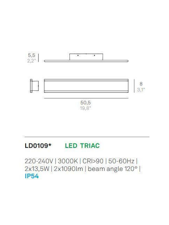 Zafferano Lumină de exterior montată pe perete IP54 50.5x8x5.5εκ.