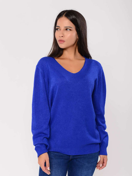 Doretta Women's Long Sleeve Sweater with V Neckline Polka Dot Blue