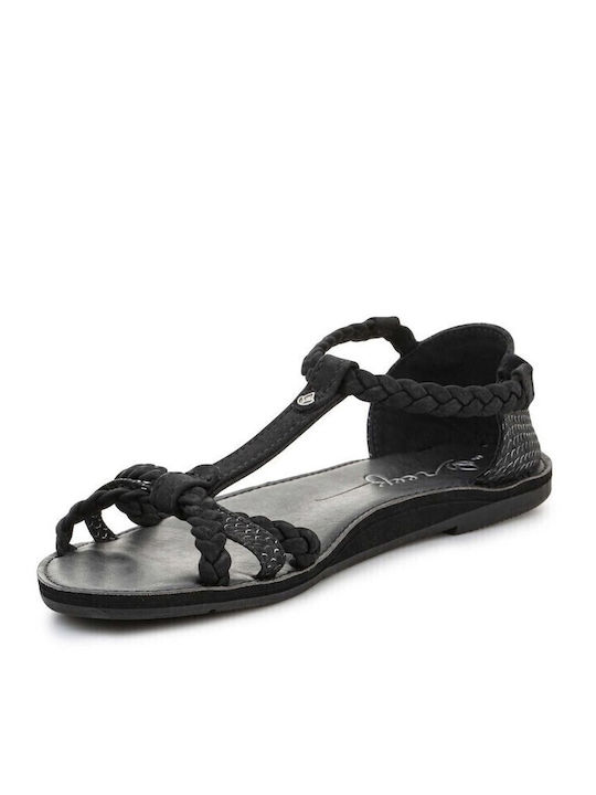 Leder Flache Sandalen für Damen mit Riemen in Schwarz Farbe