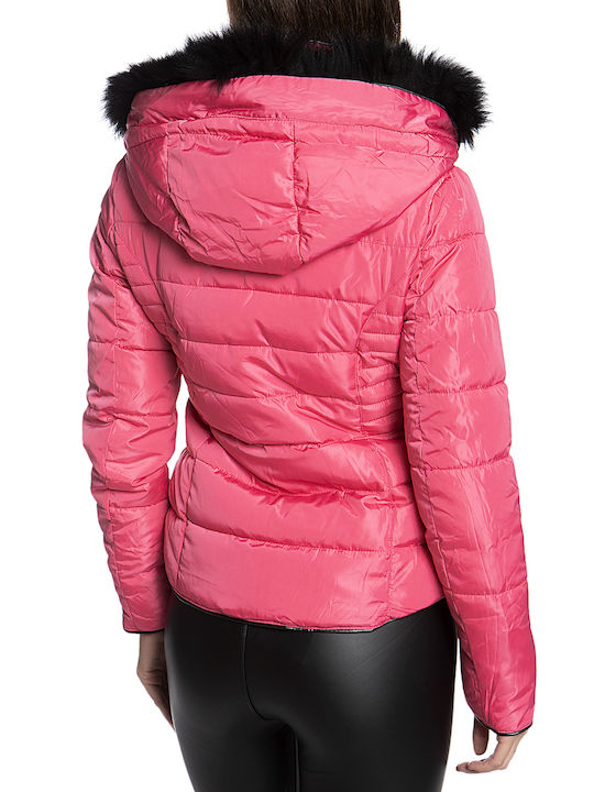 Cavalieri Kurz Damen Puffer Jacke mit pelziger Kapuze für Winter Rosa