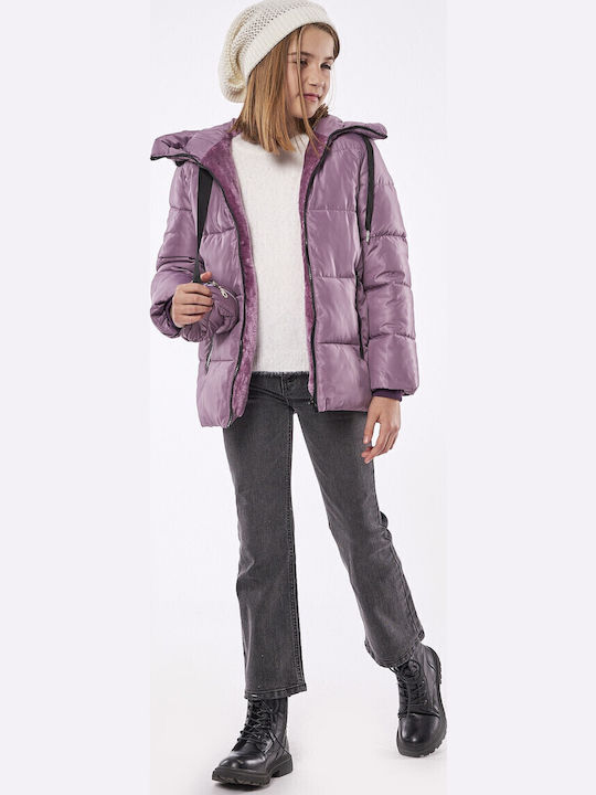 Kinder Steppjacke Lang mit Kapuze Lila