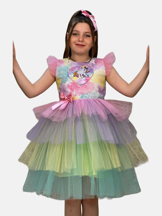 Παιδικό Φόρεμα Τούλινο Κοντομάνικο Πολύχρωμο