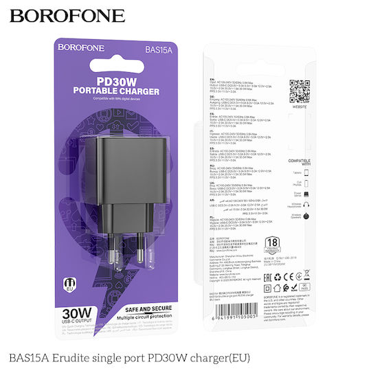 Borofone Φορτιστής Χωρίς Καλώδιο με Θύρα USB-C 30W Power Delivery Μαύρος (BAS15A)