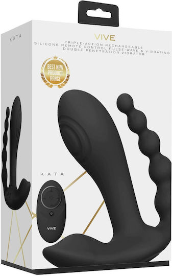 Vive Kata Puplse Wave & Vibrating Double Penetration Stimulator Διπλός Δονητής με Απομακρυσμένο Έλεγχο Black