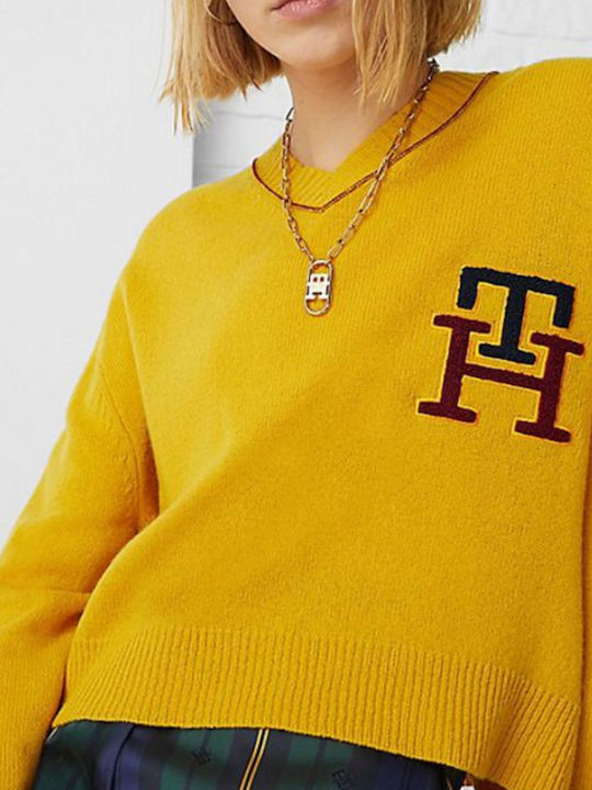 Tommy Hilfiger Damen Langarm Pullover Wolle mit V-Ausschnitt Yellow