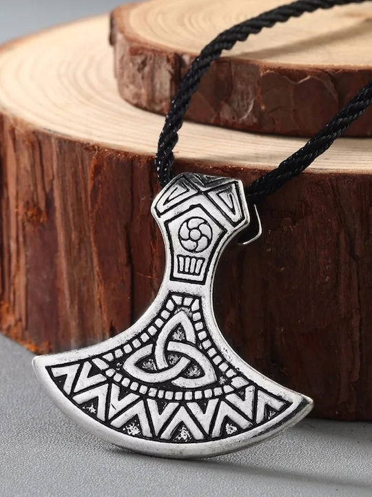 Огърлица Топор Дизайн Трикетра Сребрист Отенък Черен Каишка Necklace Ax Symbol Triqueta Silver Shade Black Rope Molfs
