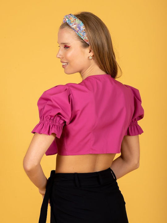 Women's Blouse Cotton Short Sleeve Floral Magenta
