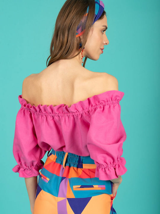 Women's Summer Blouse Linen Short Sleeve Fuchsia