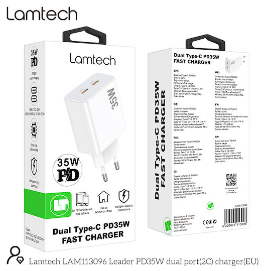 Lamtech Φορτιστής Χωρίς Καλώδιο με 2 Θύρες USB-C 35W Quick Charge 3.0 / Power Delivery Λευκός (LAM113096)