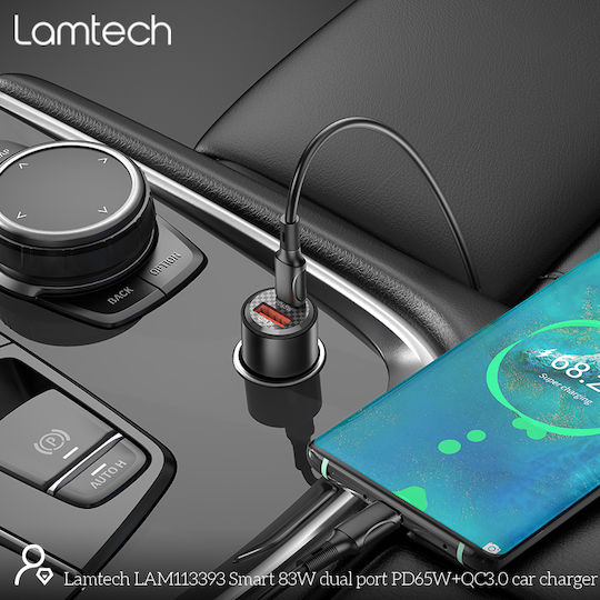 Lamtech Φορτιστής Αυτοκινήτου 83W με Θύρες: 1xUSB 1xType-C Μαύρος