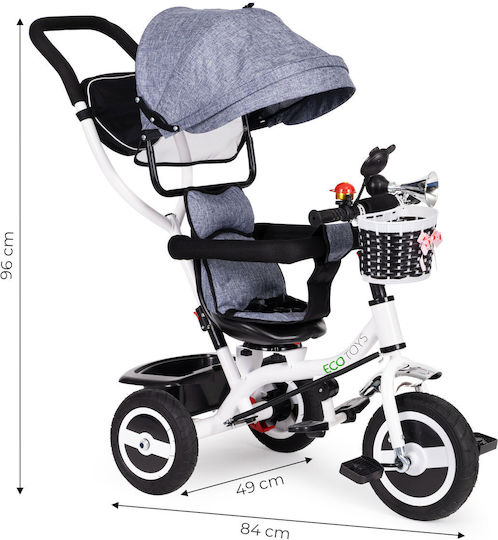 Ecotoys Tricicletă Pentru Copii Cu Spațiu De Depozitare Mâner Pentru Părinți Și Tricicletă Pentru Copii Pentru 1-5 Ani Gri-Alb