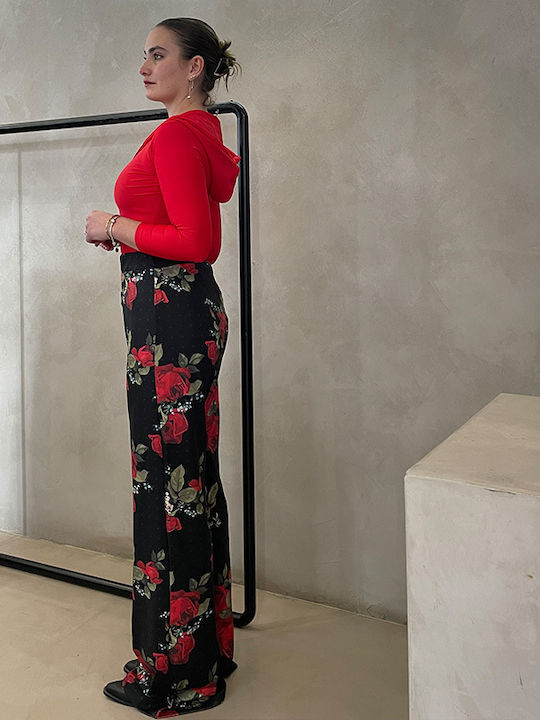 Γυναικεία Ψηλόμεση Παντελόνα Floral Μαύρη