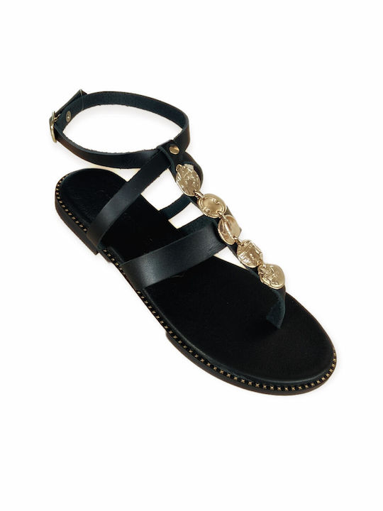 Gkavogiannis Sandals Leather Women's Flat Sandals in Black Color