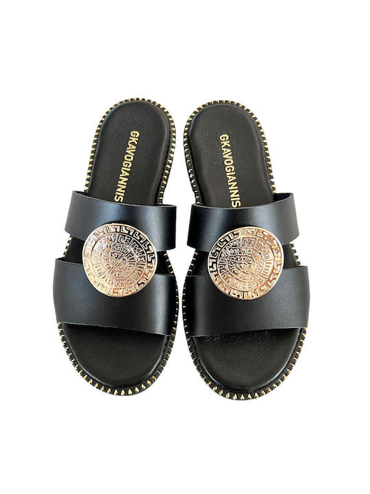 Gkavogiannis Sandals Leather Women's Flat Sandals in Black Color