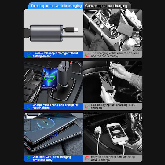 Car Charger Total Intensity 2.4A Fast Charging with Ports: 1xUSB 1xType-C with Cable Lightning / Type-C