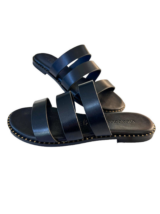 Gkavogiannis Sandals Leder Damen Flache Sandalen in Schwarz Farbe