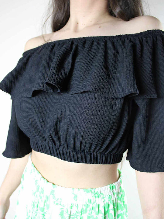 Women's Summer Crop Top Off-Shoulder Cotton Short Sleeve Black