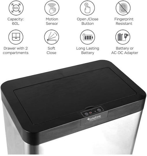 Turbotronic Waste Bin from Inox Steel with Sensor Black / Silver 60lt