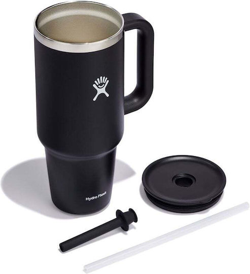 Hydro Flask Travel Tumbler Handled Tumbler Thermos Stainless Steel BPA Free 1.18lt Black with Straw and Handle