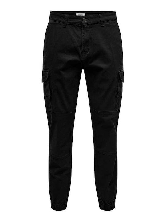 Trousers Cargo Elastic in Tapered Line Black