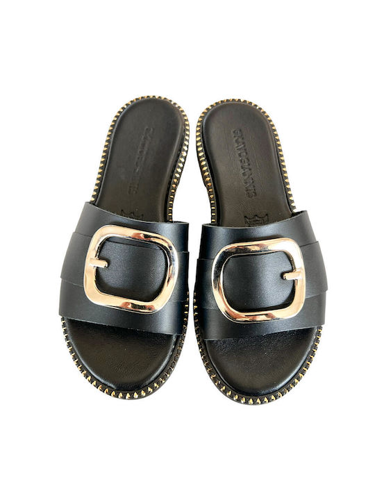 Gkavogiannis Sandals Leder Damen Flache Sandalen in Schwarz Farbe