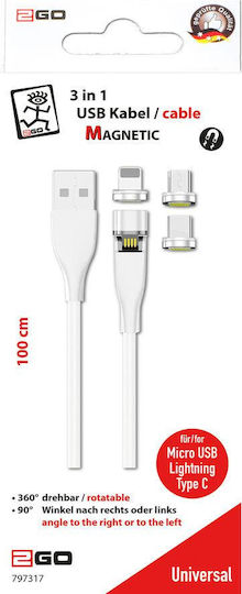 2GO Magnetic USB to Lightning / Type-C / micro USB Cable Λευκό 1m (797317)