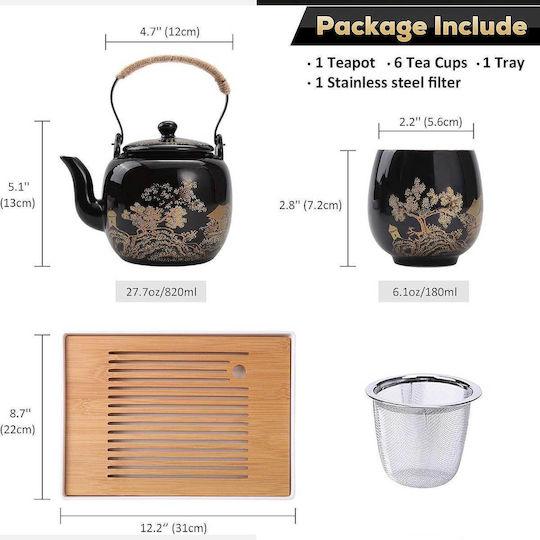 Dujust Tea Set with Mug made of Porcelain Black 820ml 9 Pieces