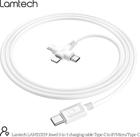 Lamtech Редовна USB към Lightning / Type-C / micro USB Кабел 2Спецификация Бял 3м (LAM113119)
