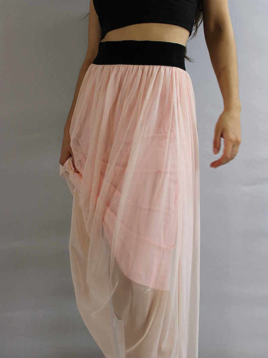 Sinell High Waist Midi Skirt with Tulle in Pink color