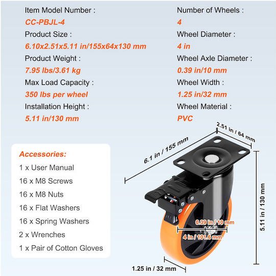 Vevor Furniture Wheel made of Metal with Wheels in Black Color 15.5x6.4x13cm 4pcs