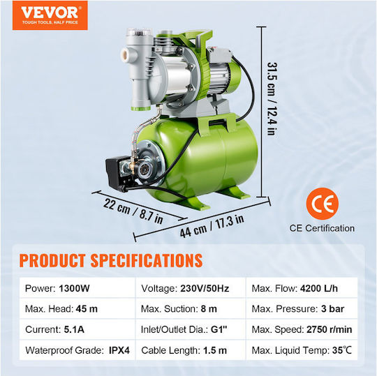 Vevor Pompa de apă de suprafață electrică 1300W Cu o singură fază