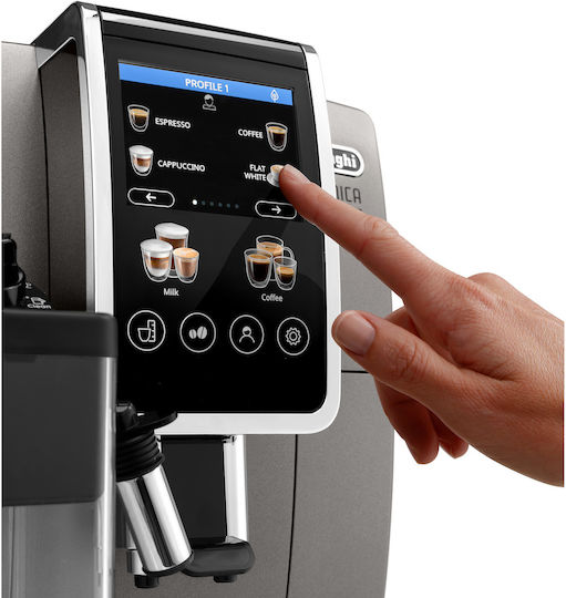 De'Longhi Dinamica Plus Αυτόματη Μηχανή Espresso 1450W Πίεσης 15bar με Μύλο Άλεσης Ασημί