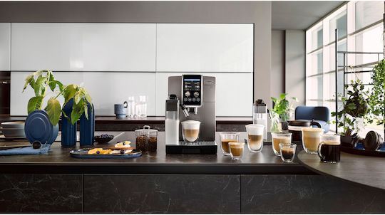 De'Longhi Dinamica Plus Αυτόματη Μηχανή Espresso 1450W Πίεσης 15bar με Μύλο Άλεσης Ασημί