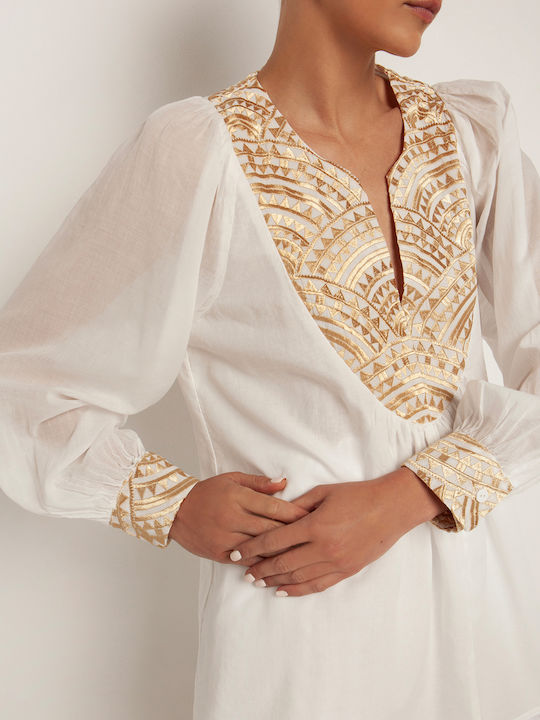 Greek Archaic Kori Women's Summer Blouse Linen Long Sleeve with V Neckline White-gold