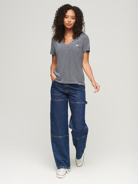 Studios Slub Emb Vee Damen Bluse Baumwolle Kurzärmelig mit V-Ausschnitt Gestreift Navy