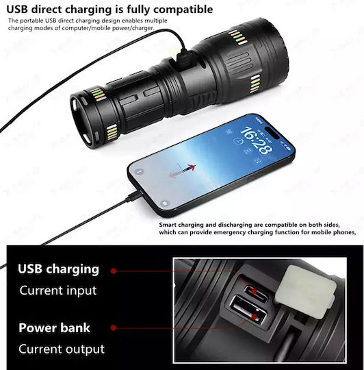 Spider Wiederaufladbar Taschenlampe LED IP65 mit maximaler Helligkeit 15000lm Schwarz